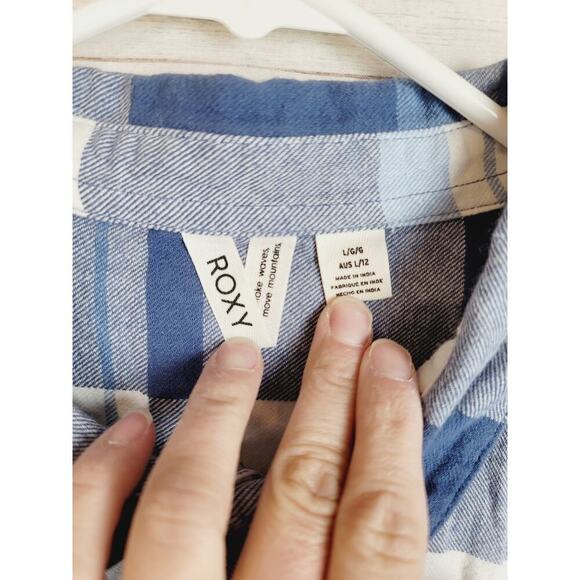 ROXY Both Ways Plaid Long Sleeve Cropped Button Up in Blue, sz Large - Picture 7 of 16